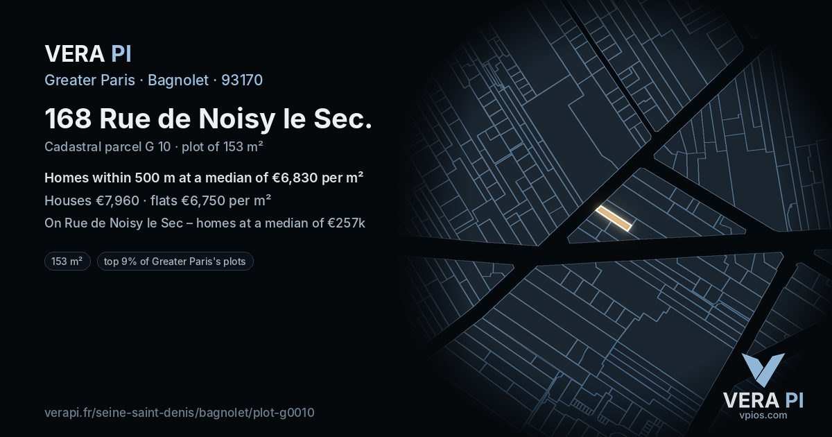 168 Rue de Noisy le Sec, Bagnolet at night – the plot lit, the parcels around coloured by the prices near them