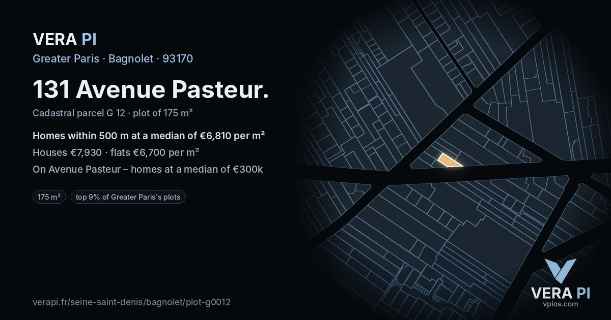 131 Avenue Pasteur, Bagnolet at night – the plot lit, the parcels around coloured by the prices near them