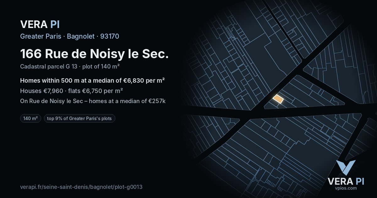 166 Rue de Noisy le Sec, Bagnolet at night – the plot lit, the parcels around coloured by the prices near them