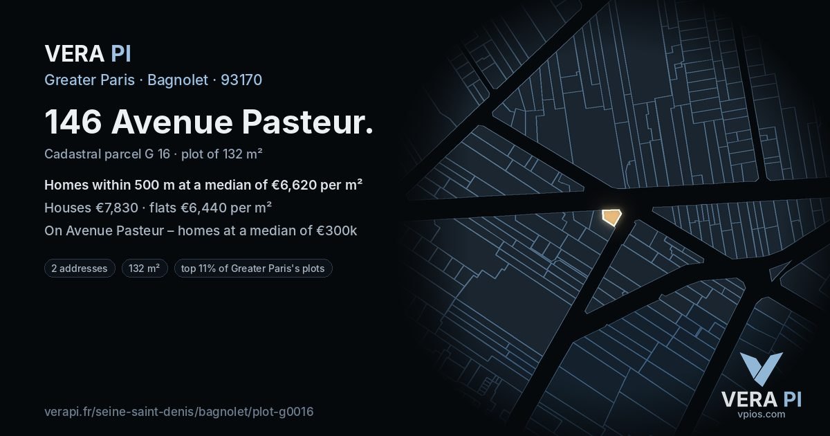 146 Avenue Pasteur, Bagnolet at night – the plot lit, the parcels around coloured by the prices near them