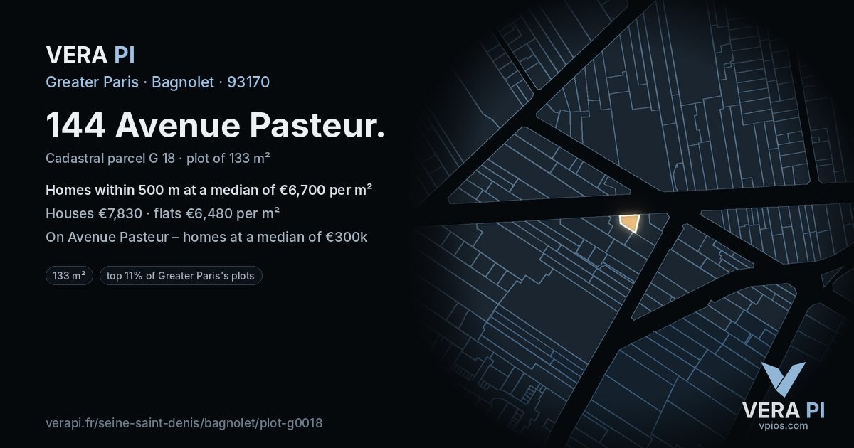 144 Avenue Pasteur, Bagnolet at night – the plot lit, the parcels around coloured by the prices near them