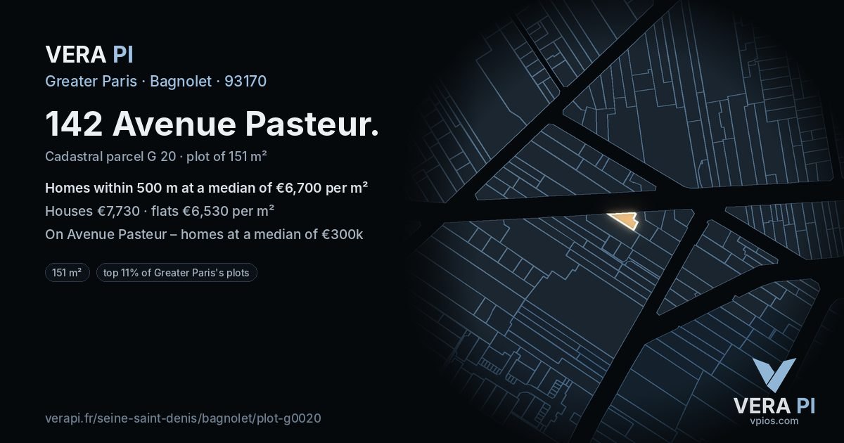 142 Avenue Pasteur, Bagnolet at night – the plot lit, the parcels around coloured by the prices near them