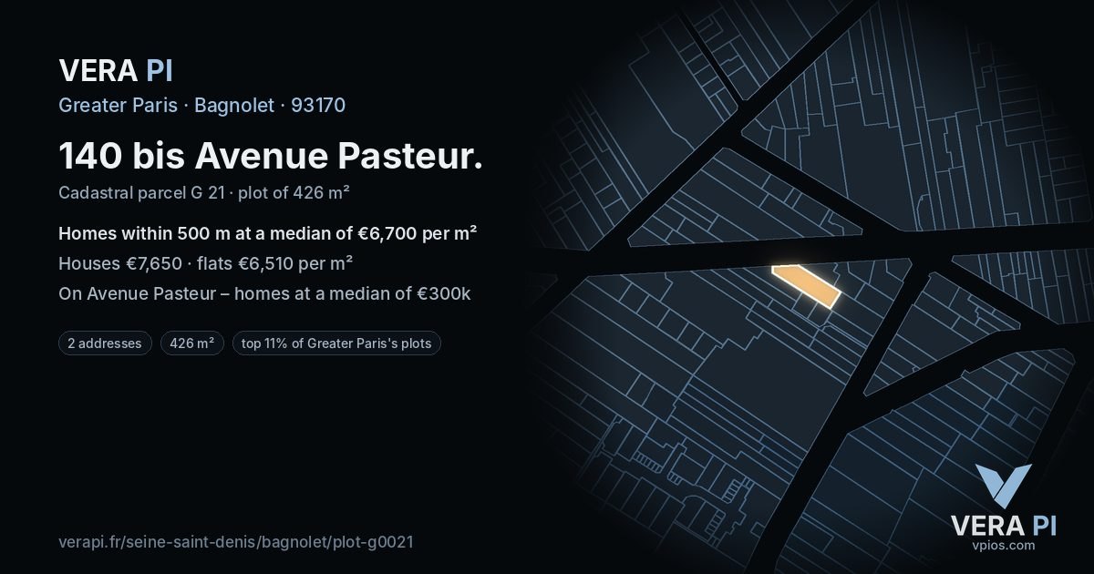 140 bis Avenue Pasteur, Bagnolet at night – the plot lit, the parcels around coloured by the prices near them