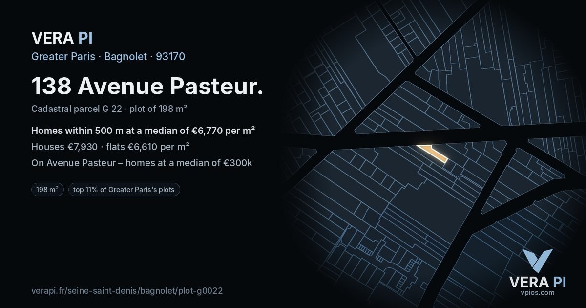 138 Avenue Pasteur, Bagnolet at night – the plot lit, the parcels around coloured by the prices near them