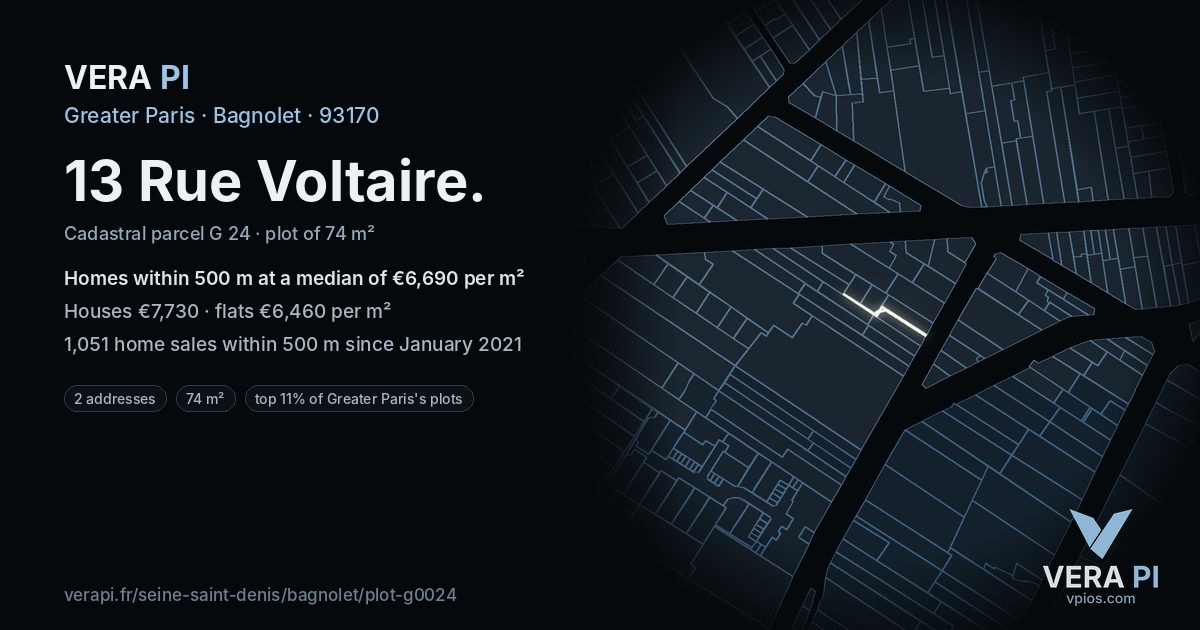 13 Rue Voltaire, Bagnolet at night – the plot lit, the parcels around coloured by the prices near them