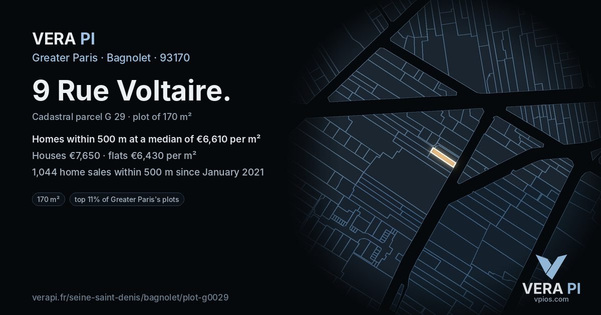 9 Rue Voltaire, Bagnolet at night – the plot lit, the parcels around coloured by the prices near them