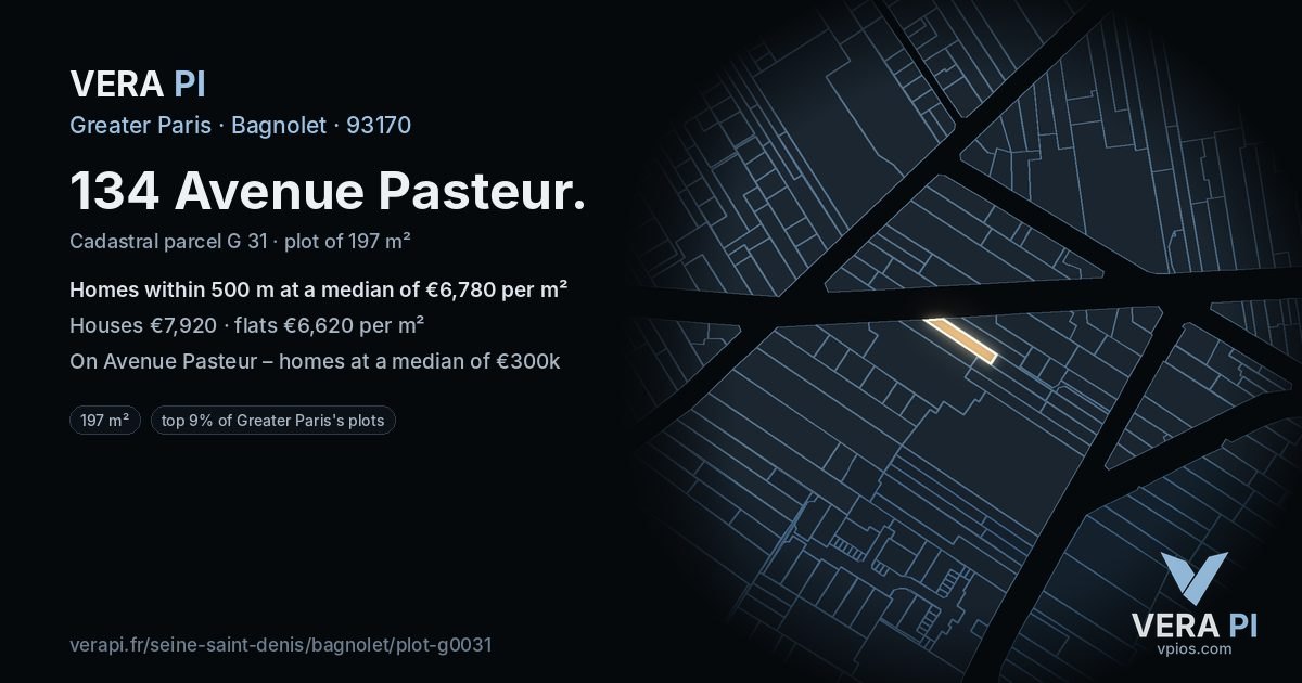 134 Avenue Pasteur, Bagnolet at night – the plot lit, the parcels around coloured by the prices near them