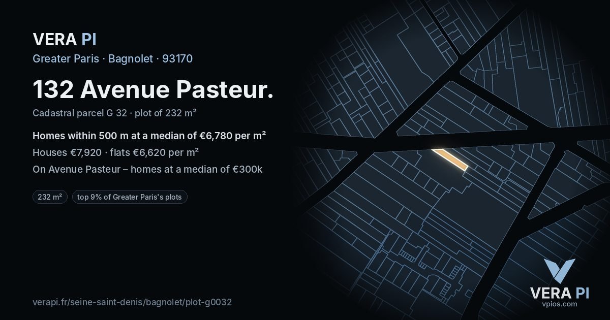 132 Avenue Pasteur, Bagnolet at night – the plot lit, the parcels around coloured by the prices near them