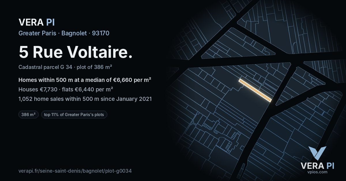 5 Rue Voltaire, Bagnolet at night – the plot lit, the parcels around coloured by the prices near them