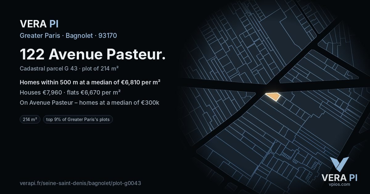 122 Avenue Pasteur, Bagnolet at night – the plot lit, the parcels around coloured by the prices near them