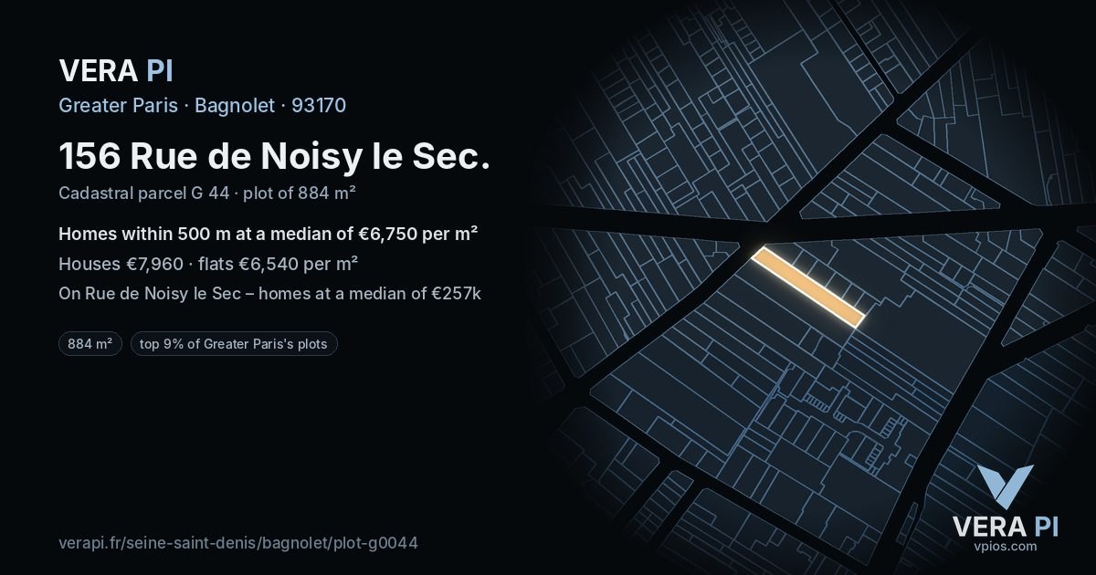 156 Rue de Noisy le Sec, Bagnolet at night – the plot lit, the parcels around coloured by the prices near them