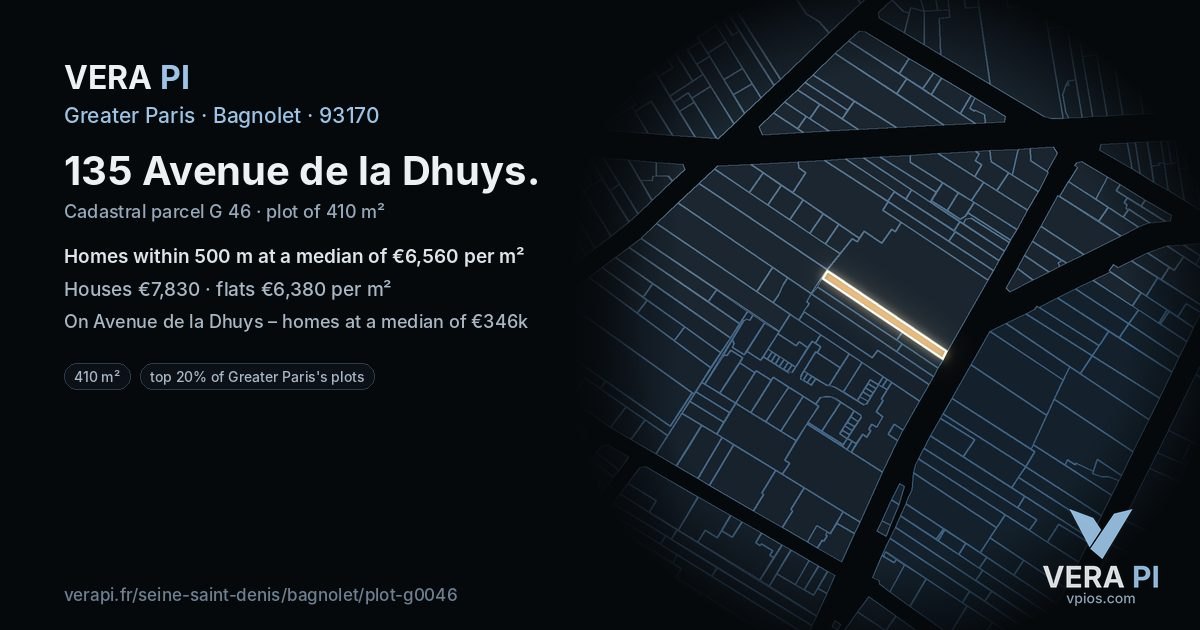 135 Avenue de la Dhuys, Bagnolet at night – the plot lit, the parcels around coloured by the prices near them