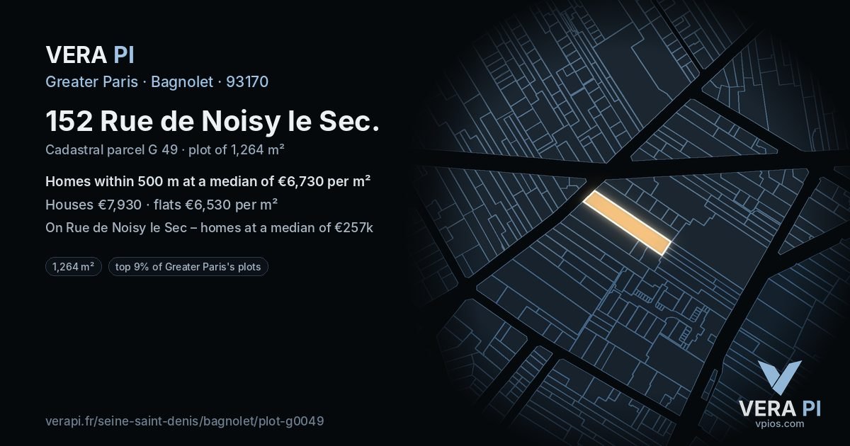 152 Rue de Noisy le Sec, Bagnolet at night – the plot lit, the parcels around coloured by the prices near them