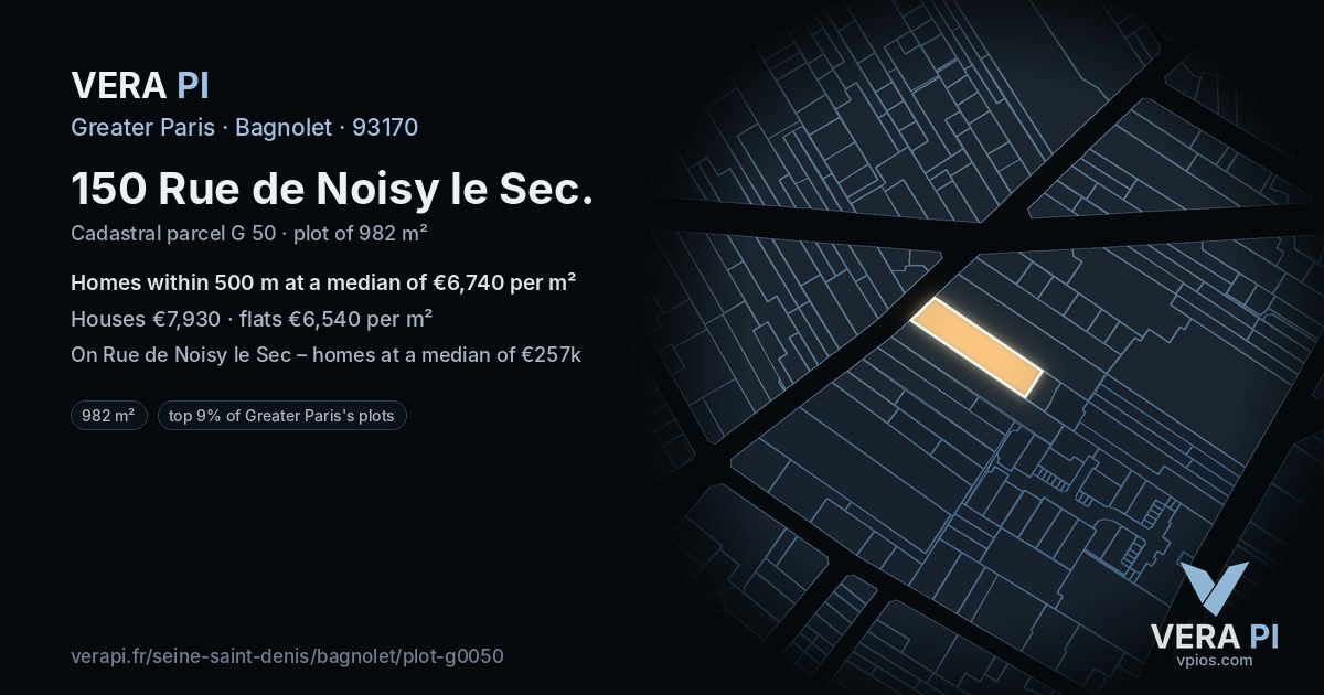 150 Rue de Noisy le Sec, Bagnolet at night – the plot lit, the parcels around coloured by the prices near them