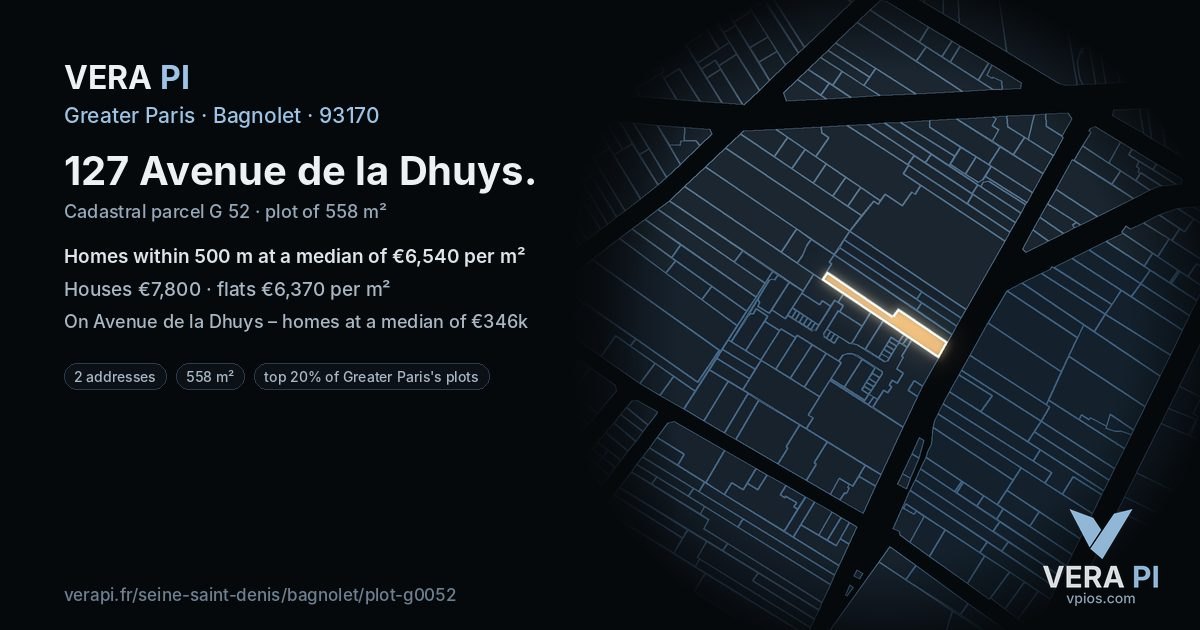 127 Avenue de la Dhuys, Bagnolet at night – the plot lit, the parcels around coloured by the prices near them