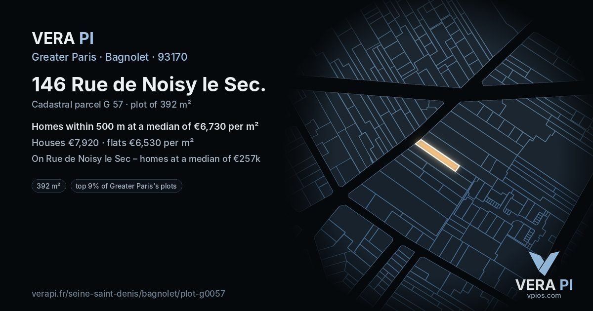 146 Rue de Noisy le Sec, Bagnolet at night – the plot lit, the parcels around coloured by the prices near them