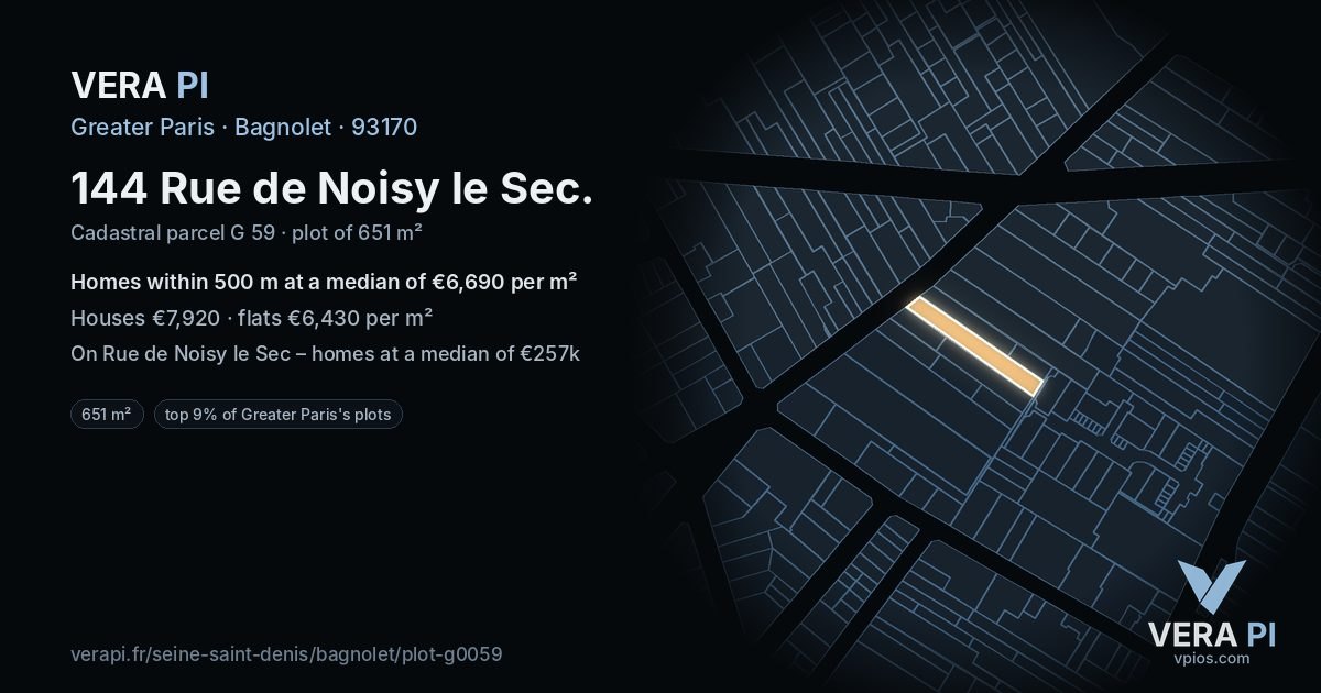 144 Rue de Noisy le Sec, Bagnolet at night – the plot lit, the parcels around coloured by the prices near them