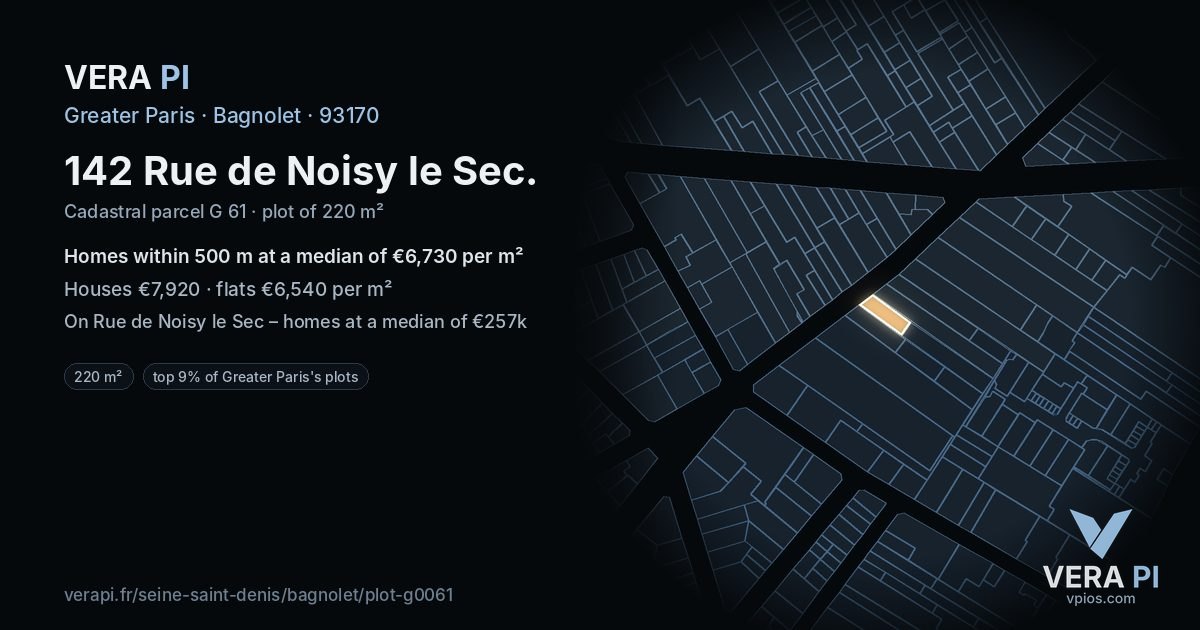 142 Rue de Noisy le Sec, Bagnolet at night – the plot lit, the parcels around coloured by the prices near them