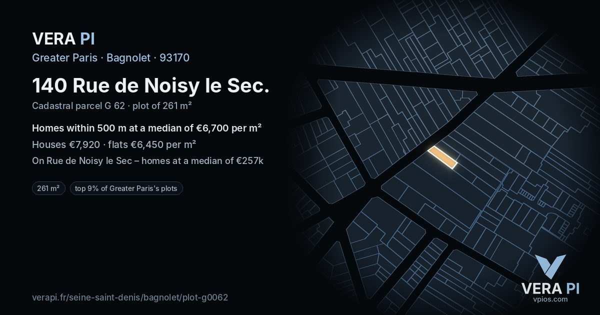140 Rue de Noisy le Sec, Bagnolet at night – the plot lit, the parcels around coloured by the prices near them