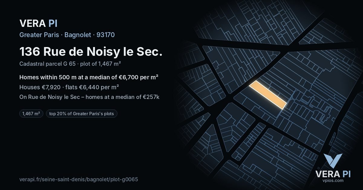 136 Rue de Noisy le Sec, Bagnolet at night – the plot lit, the parcels around coloured by the prices near them