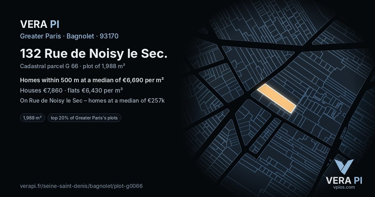 132 Rue de Noisy le Sec, Bagnolet at night – the plot lit, the parcels around coloured by the prices near them