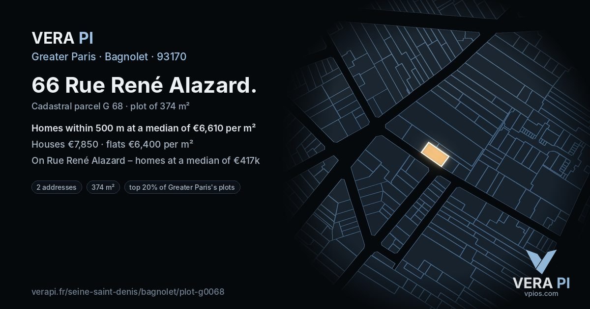 66 Rue René Alazard, Bagnolet at night – the plot lit, the parcels around coloured by the prices near them