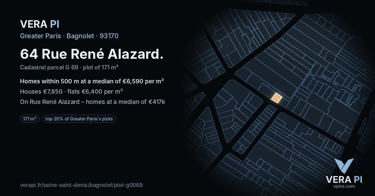 64 Rue René Alazard, Bagnolet at night – the plot lit, the parcels around coloured by the prices near them
