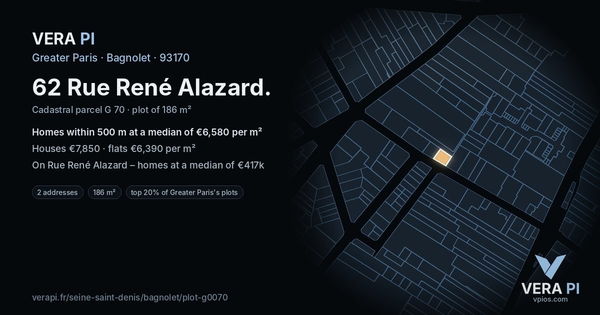 62 Rue René Alazard, Bagnolet at night – the plot lit, the parcels around coloured by the prices near them