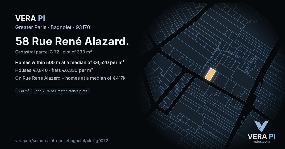 58 Rue René Alazard, Bagnolet at night – the plot lit, the parcels around coloured by the prices near them