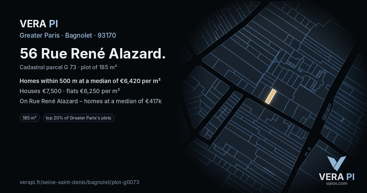 56 Rue René Alazard, Bagnolet at night – the plot lit, the parcels around coloured by the prices near them