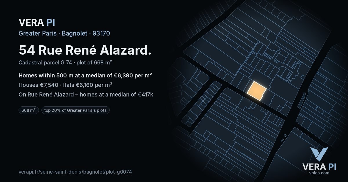 54 Rue René Alazard, Bagnolet at night – the plot lit, the parcels around coloured by the prices near them