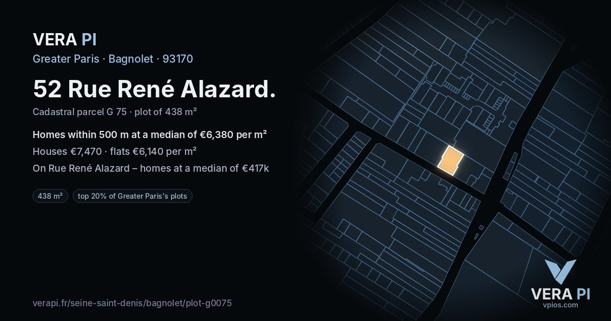 52 Rue René Alazard, Bagnolet at night – the plot lit, the parcels around coloured by the prices near them