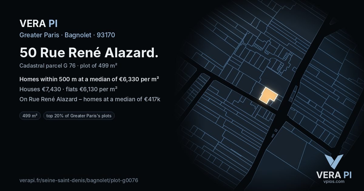 50 Rue René Alazard, Bagnolet at night – the plot lit, the parcels around coloured by the prices near them