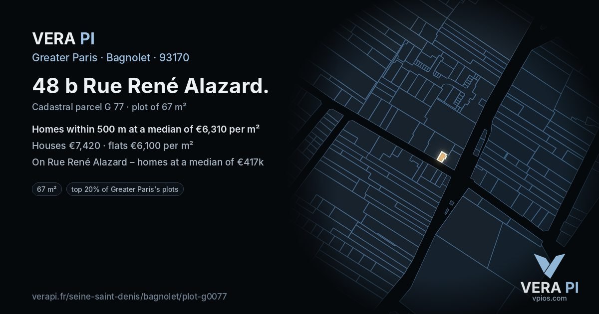 48 b Rue René Alazard, Bagnolet at night – the plot lit, the parcels around coloured by the prices near them
