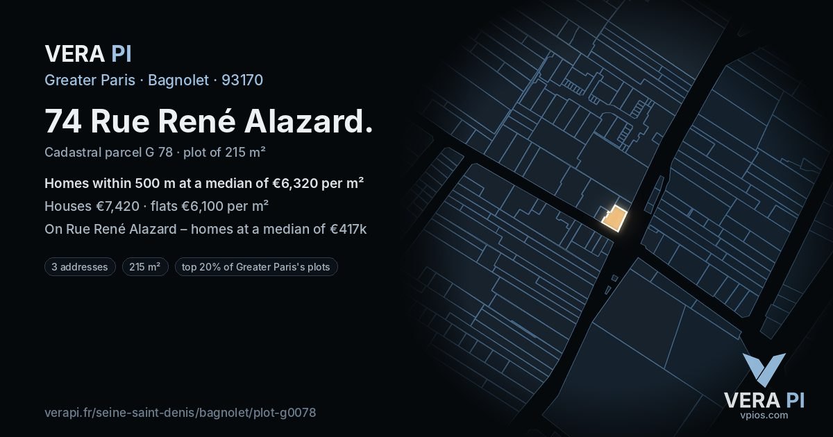 74 Rue René Alazard, Bagnolet at night – the plot lit, the parcels around coloured by the prices near them