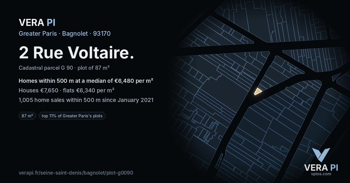 2 Rue Voltaire, Bagnolet at night – the plot lit, the parcels around coloured by the prices near them