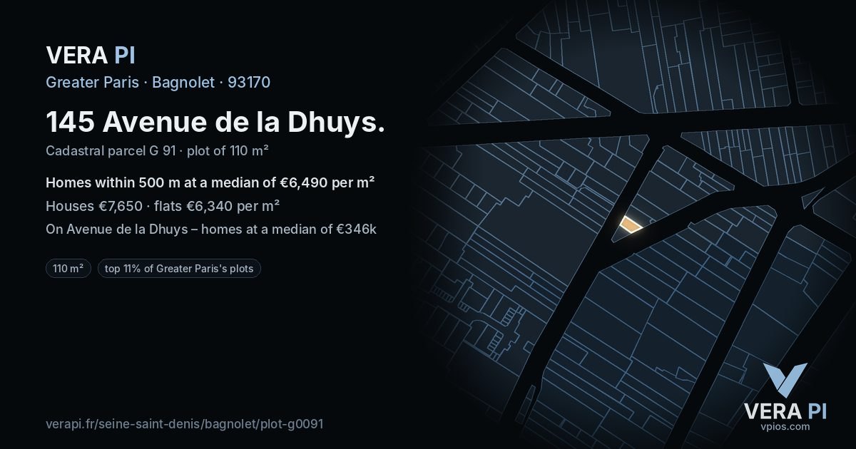 145 Avenue de la Dhuys, Bagnolet at night – the plot lit, the parcels around coloured by the prices near them