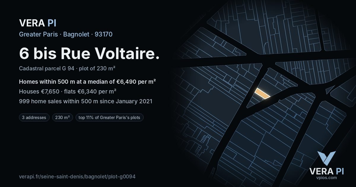 6 bis Rue Voltaire, Bagnolet at night – the plot lit, the parcels around coloured by the prices near them