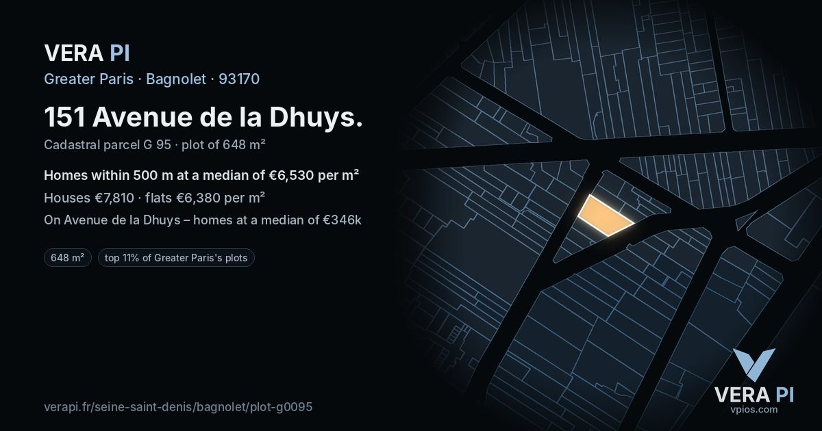 151 Avenue de la Dhuys, Bagnolet at night – the plot lit, the parcels around coloured by the prices near them