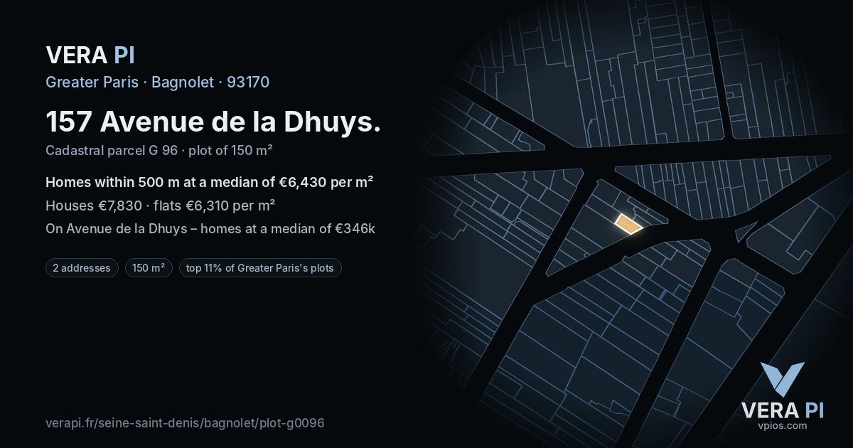 157 Avenue de la Dhuys, Bagnolet at night – the plot lit, the parcels around coloured by the prices near them