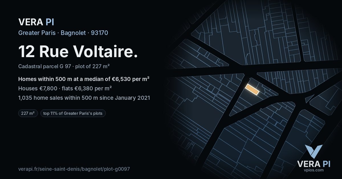 12 Rue Voltaire, Bagnolet at night – the plot lit, the parcels around coloured by the prices near them