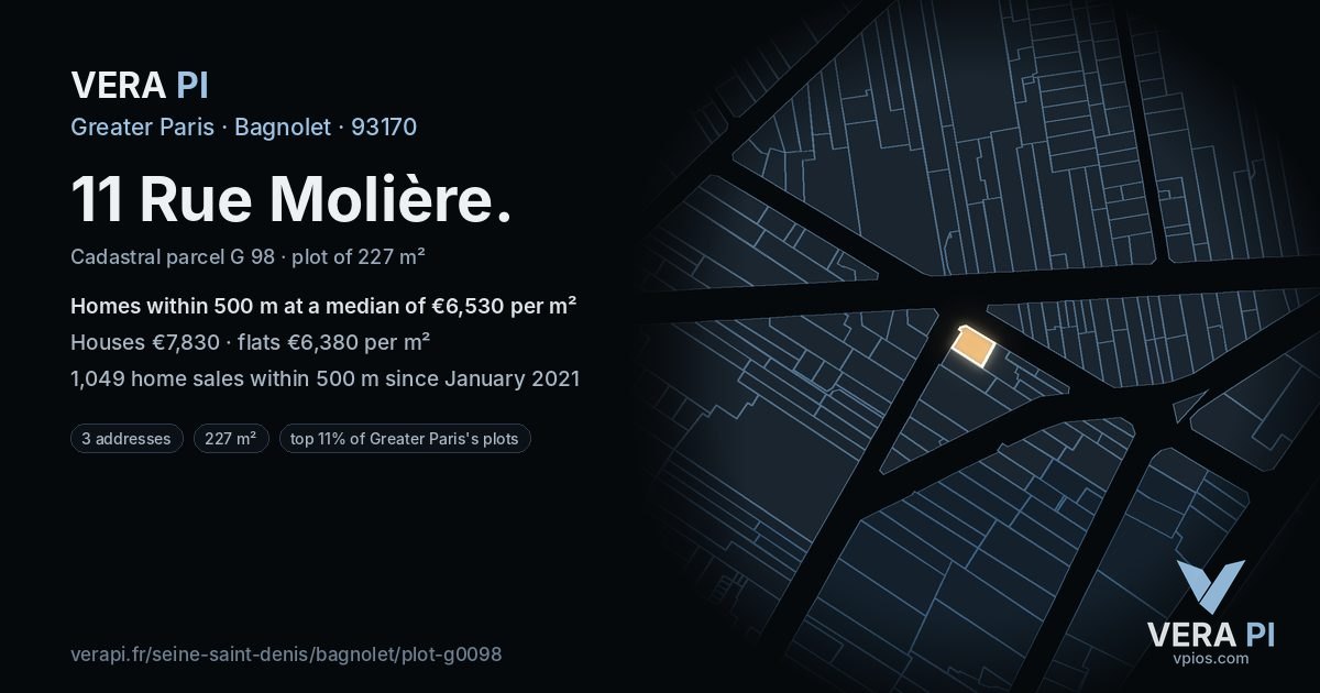 11 Rue Molière, Bagnolet at night – the plot lit, the parcels around coloured by the prices near them