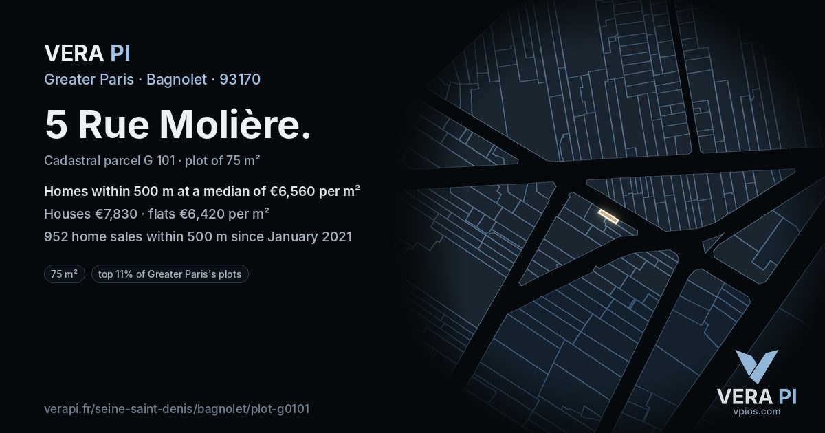 5 Rue Molière, Bagnolet at night – the plot lit, the parcels around coloured by the prices near them
