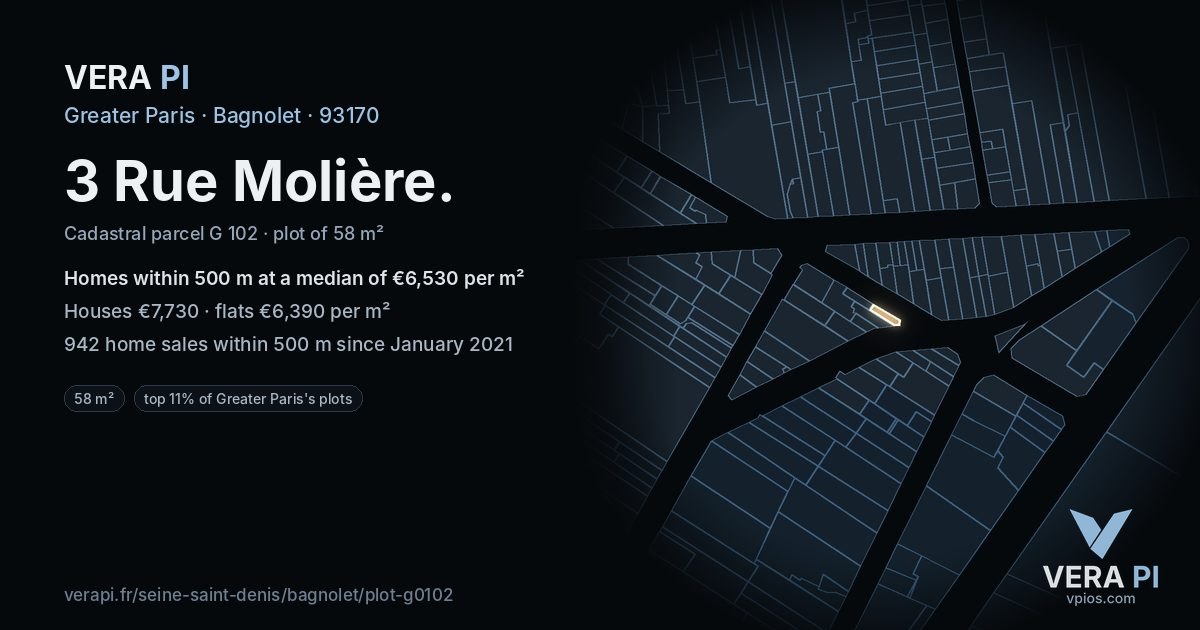 3 Rue Molière, Bagnolet at night – the plot lit, the parcels around coloured by the prices near them