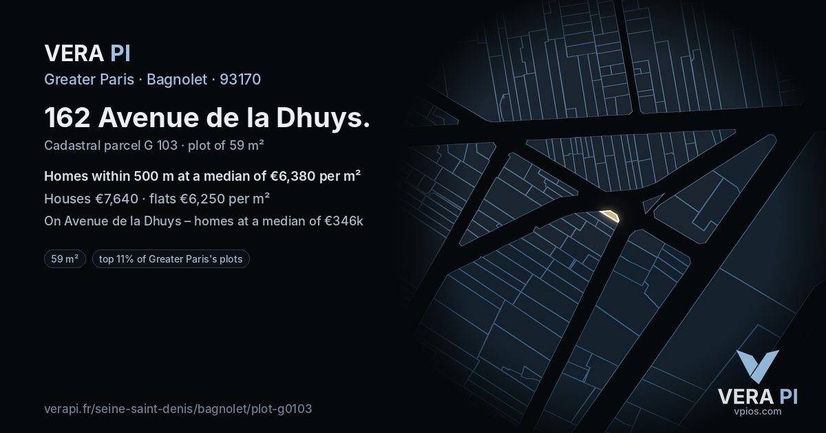 162 Avenue de la Dhuys, Bagnolet at night – the plot lit, the parcels around coloured by the prices near them