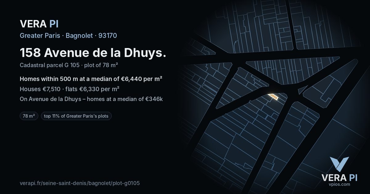 158 Avenue de la Dhuys, Bagnolet at night – the plot lit, the parcels around coloured by the prices near them