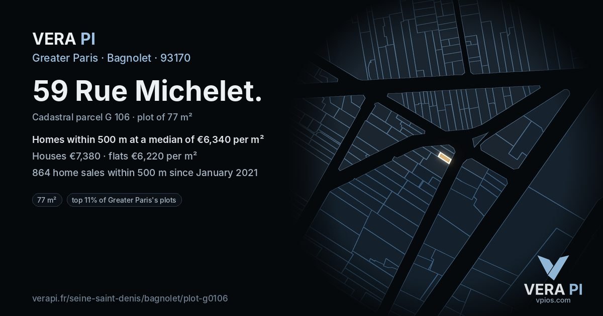 59 Rue Michelet, Bagnolet at night – the plot lit, the parcels around coloured by the prices near them