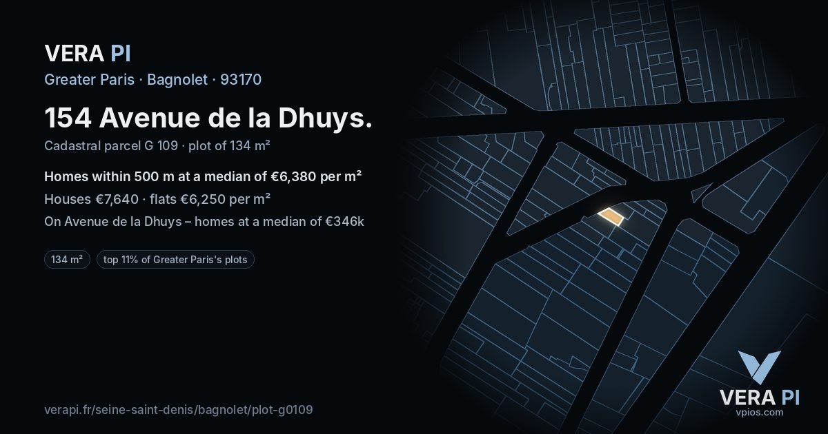 154 Avenue de la Dhuys, Bagnolet at night – the plot lit, the parcels around coloured by the prices near them