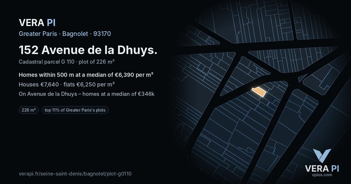 152 Avenue de la Dhuys, Bagnolet at night – the plot lit, the parcels around coloured by the prices near them