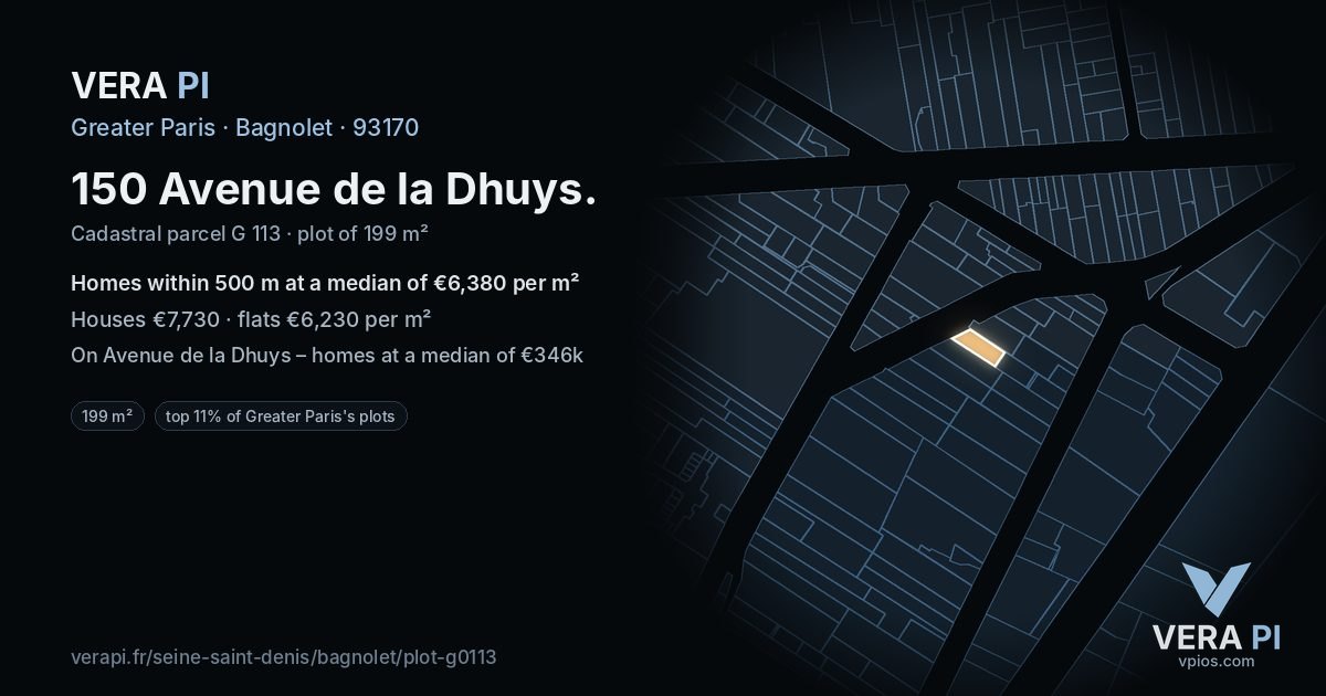 150 Avenue de la Dhuys, Bagnolet at night – the plot lit, the parcels around coloured by the prices near them